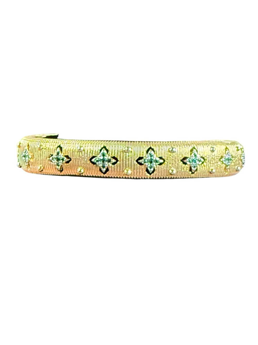 New Freida Rothman Gold Tone w/ Clover Accent Cuff w/ Emerald Colored Gems